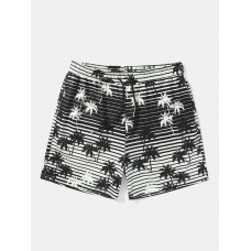 Mens Coconut Tree Striped Print Holiday Loose Drawstring Shorts