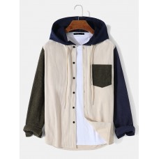 Mens Contrast Patchwork Corduroy Long Sleeve Drawstring Hooded Shirts