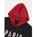 Mens Letter Print Contrast Faux Twinset Preppy Drawstring Hoodies