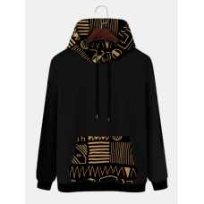 Mens Ethnic Printed Kangaroo Pocket Long Sleeve Hooded Sweatshirts