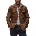 Men's Vintage Heavy Washed Leather Lapel Single Breasted Multi-Pocket Work Jacket 23094806M