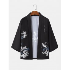 Mens Dragon Graphic Japanese Letter Front Open Soft Kimonos